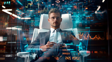 Stylish businessman in glasses and costume, sitting on chair, looking on hologram of crypto, data analysis dashboard, AI Generative