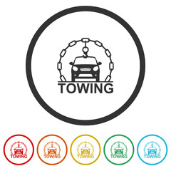 Towing car evacuation icon. Set icons in color circle buttons