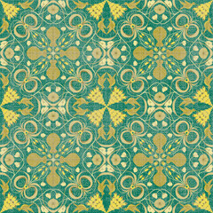Seamless pattern, ornament with hummingbird, purple foxglove, bindweed and bow on a green and yellow background. Winter digital illustration. Suitable for interior, wallpaper, fabrics, clothing, stati