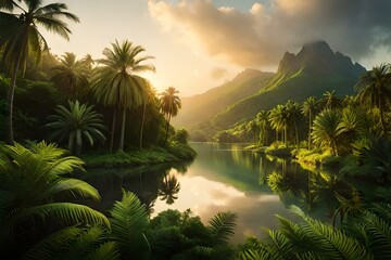 Lush tropical jungle with towering palm trees and dense undergrowth - AI Generative