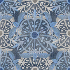 Seamless pattern, ornament with chlorophytum, ficus benjamina in a circle on a blue background. Digital illustration. Suitable for interior, wallpaper, fabrics, clothing, stationery.