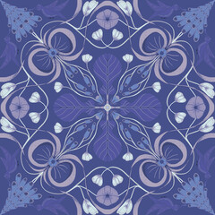 Seamless pattern, ornament with hummingbird, purple foxglove, bindweed and bow on a blue background. Winter digital illustration. Suitable for interior, wallpaper, fabrics, clothing, stationery.