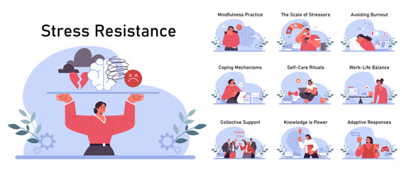 Stress resistance set. Emotional balance and stress resilience skill. Mindfulness practice and work-life balance. Self-care and mental health awareness. Flat vector illustration - obrazy, fototapety, plakaty