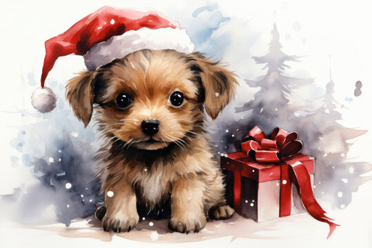 Dog puppy near Christmas gift and tree in watercolor style