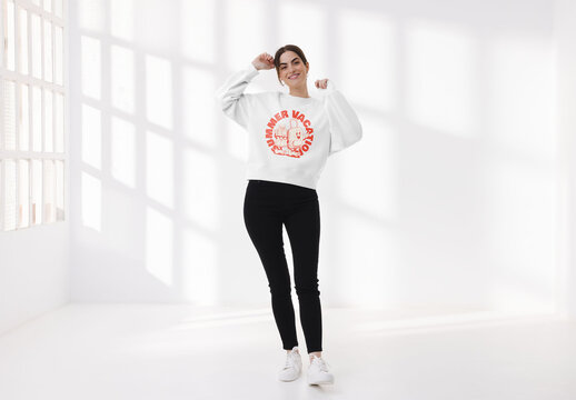 Mockup of young woman wearing customizable sweatshirt, arms raised