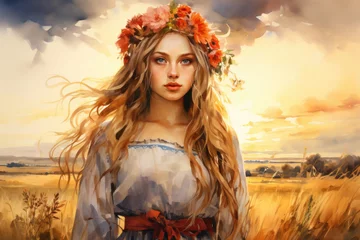 Poster Ukrainian girl in an embroidered shirt in a wheat field, in the style of a painting © Michael