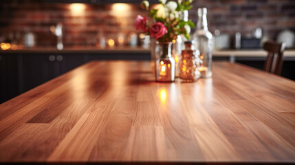 Wood countertop in modern kitchen with blurred background. Template for product display.