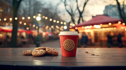 A cup of coffee with cookies on a wooden table near christmas lights. - obrazy, fototapety, plakaty