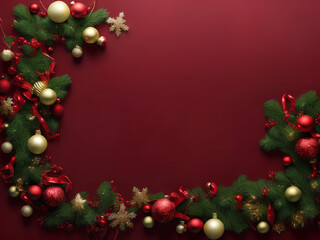 red christmas background with fir frame and golden balls. Copy space. Wallpaper