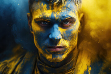 The face of a courageous Ukrainian man in yellow-blue colors