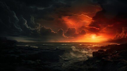  Sky with clouds. Bloody sunset background with copy space for design
