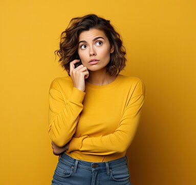 A young, pretty, attractive and thoughtful European girl of 20 years old in a gray casual T-shirt, arms spread apart, isolated on a uniform yellow background. Created by AI.