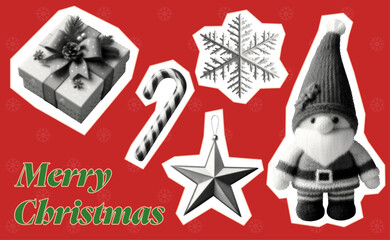 merry christmas collage elements concept template design set with gnome gift box decoration candy cane snowflake vector retro grunge halftone