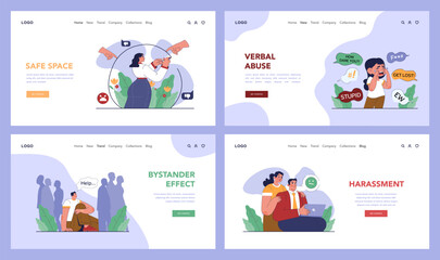 Bullying web banner or landing page set. Upset victim being shamed by others. Harassment and humiliation victim. Social violence problem. School verbal or physical abuse. Flat vector illustration