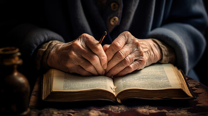 close up of old female hands with pencil folded on old book, dramatic lighting, low key - obrazy, fototapety, plakaty