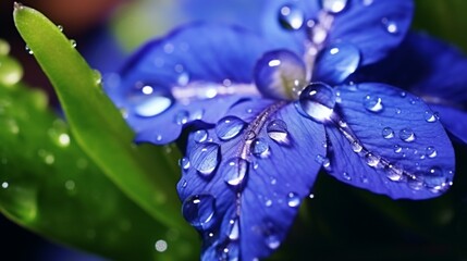 A macro shot of a droplet of morning dew resting delicately on a Gemstone Gentian flower, capturing the purity and elegance of nature.