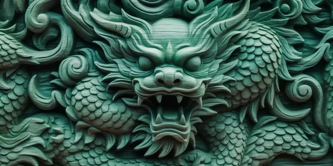Foto op Canvas Green wooden carved dragon closeup. Chinese 2024 New Year banner. © paffy