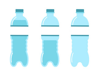 Full, half and empty plastic water bottles. Container for mineral or soda drinks with blank label. Package with cap. Liquid and cold beverage cartoon flat style isolated vector concept