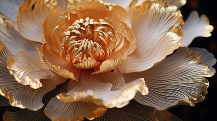A macro shot of a high-detailed 8K golden peony, with its intricate patterns and textures on full...
