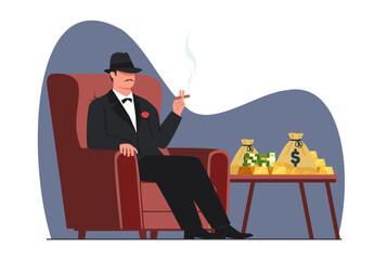 Godfather mob boss sits in chair with cigar in his hand. Man in black suit and hat smoking, stack of coins and gold, dollar banknotes. Gangster and rich man cartoon flat isolated vector concept - obrazy, fototapety, plakaty