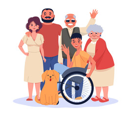 Happy family with disabled members. Cartoon smiling people, teen boy in wheelchair, parents and children together, blind grandfather. Love and care. Handicapped person, vector isolated concept