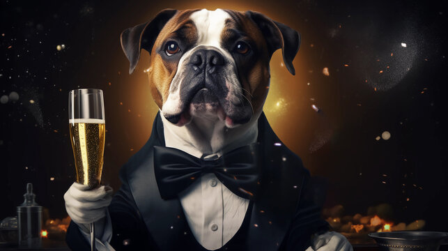 Dog toasted with a glass of champagne on New Year's Eve