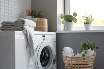 Washing machine with towels, detergent bottle, and a plant in the bathroom. Generative AI
