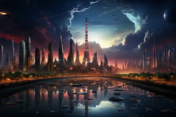 design of futuristic sky city , abstract tower architecture , illustation design 