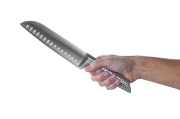 Chef kitchen knife santoku in hand  close up isolated on a white background