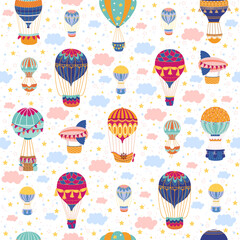 Seamless pattern with balloons. Retro aerial vehicles, Childish decor textile, wrapping paper, wallpaper design. Print for fabric. Cartoon flat style isolated aerostat vector concept
