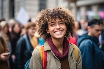 curly haired young happy girl with backpack on crowd background