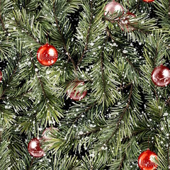 Seamless pattern with fir tree branches and Christmas balls