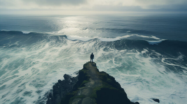 A person brooding at the precipice admiring the surging sea vista below, reflecting their pensive state.