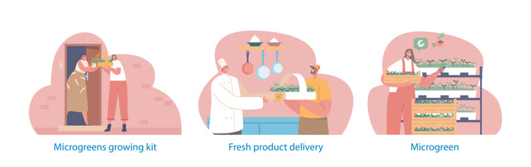 Isolated Elements with Farmers Growing on Shelves Microgreens, Nurturing Their Growth With Precision And Care