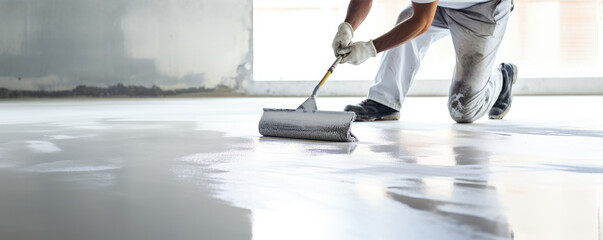 Worker as a floor specialist use new floors primer. generative ai - obrazy, fototapety, plakaty