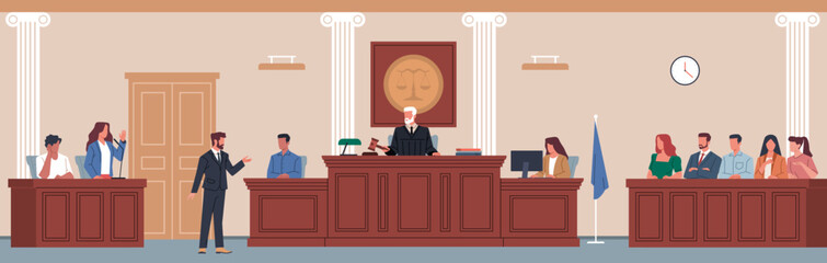 Trial in courtroom. Law justice, public process, defense and prosecution presentation, judge on wooden tribune listens to people, cartoon flat style isolated nowaday vector concept - obrazy, fototapety, plakaty