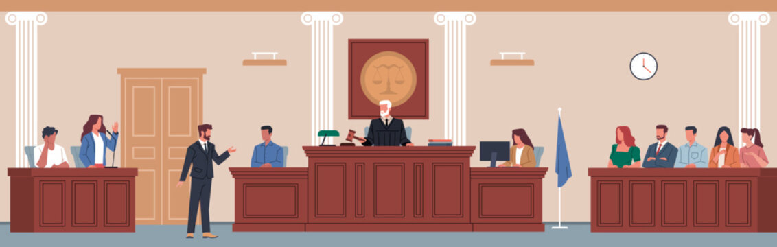 Trial in courtroom. Law justice, public process, defense and prosecution presentation, judge on wooden tribune listens to people, cartoon flat style isolated nowaday vector concept