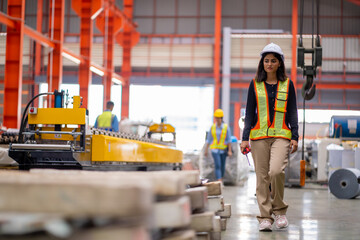 Young female engineer in metal sheet factory Responsible work is being inspected at the actual work...