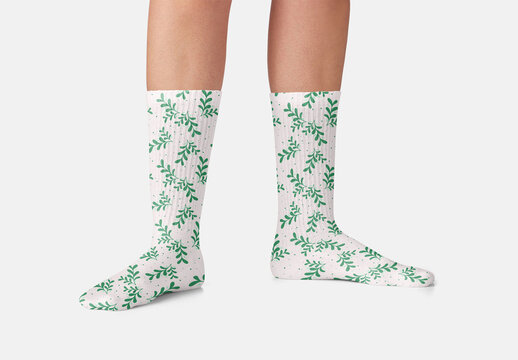 Mockup of woman wearing customizable design and color printed socks
