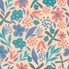 Seamless pattern with decorative flowers and small elements on a beige background. Digital illustration. Suitable for interior, wallpaper, fabrics, clothing, stationery.