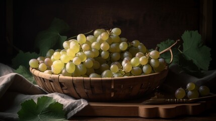 A composition of white grapes in a vintage wooden. AI generated