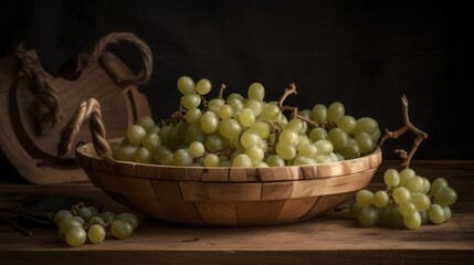 A composition of white grapes in a vintage wooden. AI generated