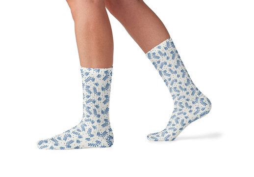 Mockup of woman wearing customizable socks, side view