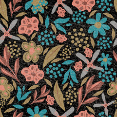 Seamless pattern with decorative flowers and small elements on a black background. Digital illustration. Suitable for interior, wallpaper, fabrics, clothing, stationery.