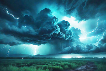 Black dark greenish blue light dramatic night sky. Gloomy ominous storm rain clouds background. Cloudy thunderstorm hurricane wind lightning. Epic fantasy mystic. monster concept.