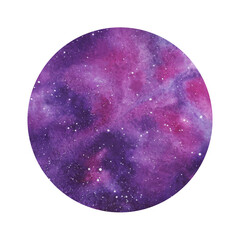 A planet, a fragment of space and stars, a nebula, hand-drawn in watercolor in purple shades. Illustration of the galaxy and stars. A template for the design and decoration of a round shape.