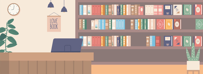 Library Interior Exudes A Serene Ambiance With Rows Of Books, Soft Lighting, And Cozy Reading Nooks, Vector Illustration © Pavlo Syvak