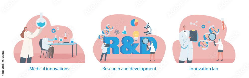 Poster isolated elements with laboratory innovation, research and development scenes. scientists characters
