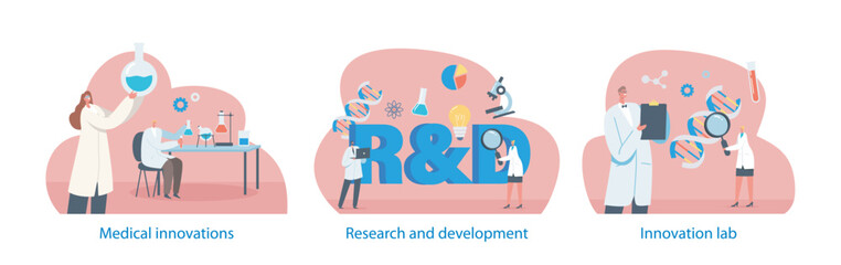 Isolated Elements With Laboratory Innovation, Research and Development Scenes. Scientists Characters Working