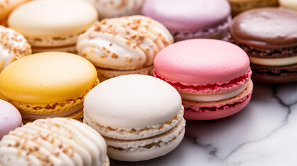 Gorgeous macro of delectable macarons assortingly displayed on a marble top, ideal for food lovers and sweet-toothed persons.